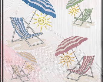 Beach Chair and Umbrella Machine Embroidery Design, Summer Vacation Design, Beach Scene Embroidery Designs, 6 Sizes (0530)