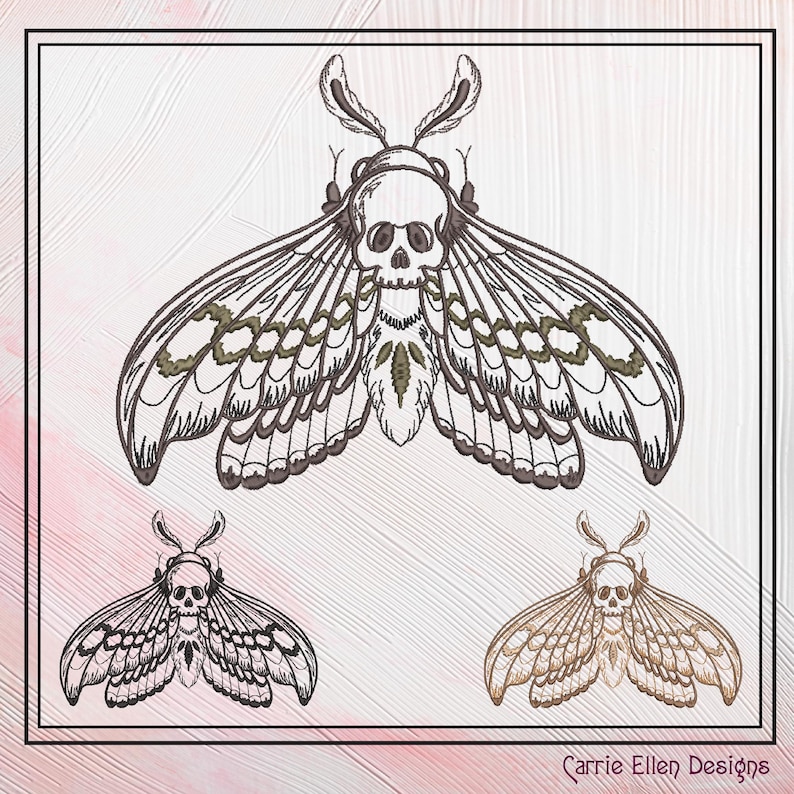May include: Three moth illustrations with skull-shaped heads and detailed wing patterns. The top moth is the largest, with olive green accents on its wings. The other two moths are smaller, one in black and white, the other in brown. "Carrie Ellen Designs" is in the bottom right.