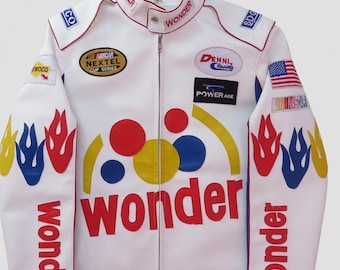 Talladega Nights Ricky Bobby Wonder White Motorcycle Leather Jacket For Men & Women