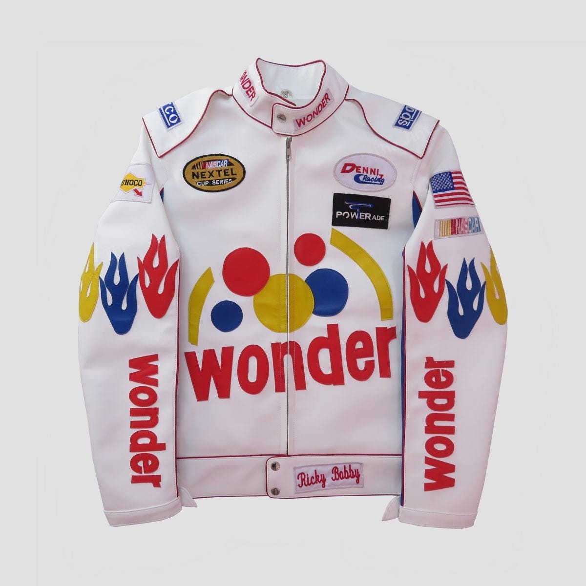 Talladega Nights Ricky Bobby Wonder White Motorcycle Leather Jacket For Men & Women