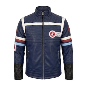 May include: A navy blue jacket with a stand-up collar and a full-length front zipper. The chest features horizontal quilting and a circular patch with a red graphic and the text Dead Pegasus. Sleeves have white, red, and light blue stripes.