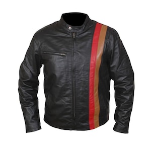 May include: A black jacket featuring a stand-up collar with a snap button closure and a full-length front zipper. The left side of the chest displays a vertical stripe pattern in red and tan. It includes a horizontal zippered pocket on the right chest.