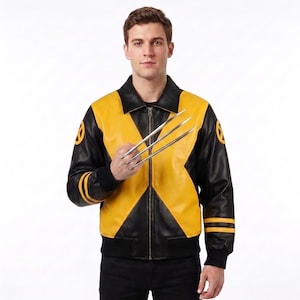 May include: A black and yellow leather jacket featuring a central zipper, a collar, and an X-Men logo on each shoulder. The jacket has long sleeves with yellow stripes at the cuffs and a hand holding three long, sharp, metallic silver claws.