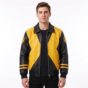May include: A black and yellow leather jacket featuring a prominent X-shaped design on the front, a classic collar, and circular X-Men logos on each shoulder. The sleeves include two horizontal yellow stripes near the cuffs and black ribbed hems.