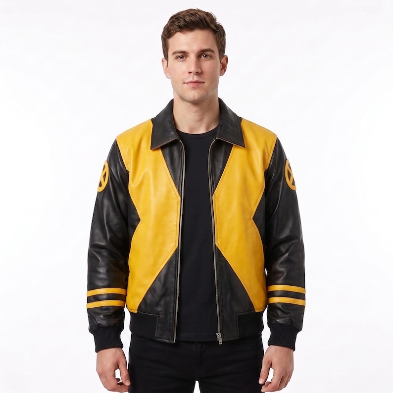 May include: A black and yellow leather jacket featuring a prominent X-shaped design on the front, a classic collar, and circular X-Men logos on each shoulder. The sleeves include two horizontal yellow stripes near the cuffs and black ribbed hems.