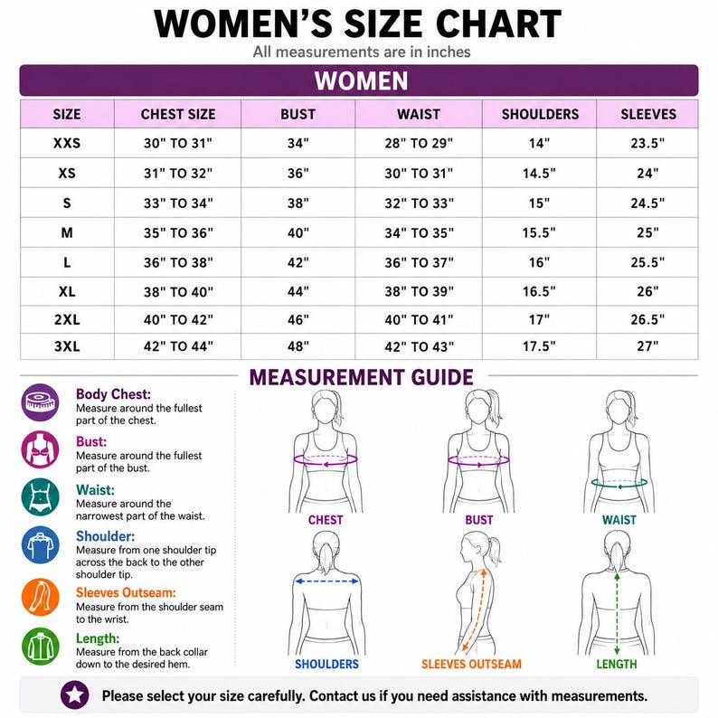 May include: A size chart for clothing featuring a table with columns for size, chest, bust, waist, shoulders, and sleeves in inches. Below the table, a measurement guide illustrates how to measure the chest, bust, waist, shoulders, sleeves, and length.