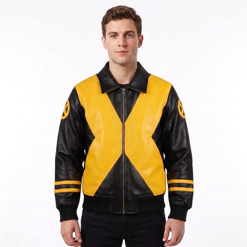 May include: A black and yellow leather jacket featuring a prominent yellow X-shaped design across the front, a full-length front zipper, a classic collar, and circular yellow X-Men logos on each sleeve with two horizontal yellow stripes at the cuffs.
