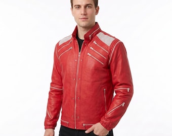 Michael Jackson Beat It Red Leather Jacket, 80s Pop Star Costume, Unisex Detachable Sleeve