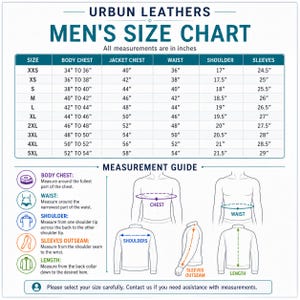 May include: A size chart for jackets by Urbun Leathers featuring a table with columns for size, body chest, jacket chest, waist, shoulder, and sleeves in inches. Below the table, a measurement guide illustrates how to measure chest, waist, shoulders, sleeves, and length.