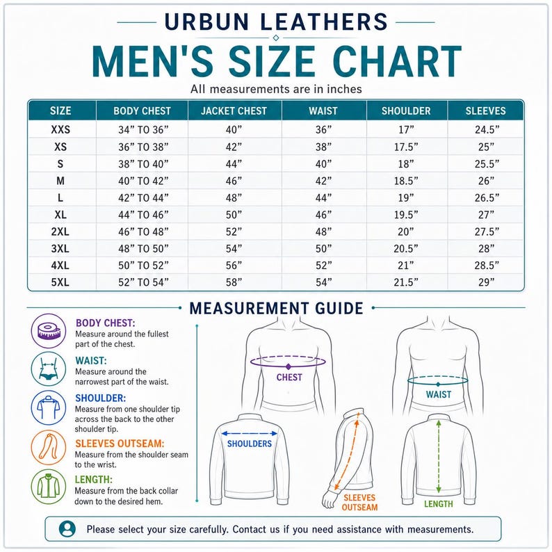 May include: A size chart for jackets by Urbun Leathers featuring a table with columns for size, body chest, jacket chest, waist, shoulder, and sleeves in inches. Below the table, a measurement guide illustrates how to measure chest, waist, shoulders, sleeves, and length.
