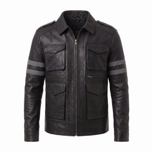 May include: A black leather jacket featuring a central metal zipper, a standard collar, and shoulder epaulets. The jacket includes two chest pockets with flaps, two lower pockets with flaps, and two horizontal zippered pockets. Two gray stripes adorn each sleeve.
