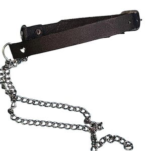 May include: A dark brown leather strap choker featuring a silver-toned metal buckle closure and a silver-toned metal O-ring attached to a long, dangling silver-toned metal chain link accessory that hangs down from the side of the leather band.