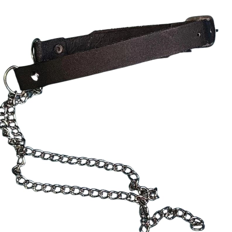 May include: A dark brown leather strap choker featuring a silver-toned metal buckle closure and a silver-toned metal O-ring attached to a long, dangling silver-toned metal chain link accessory that hangs down from the side of the leather band.