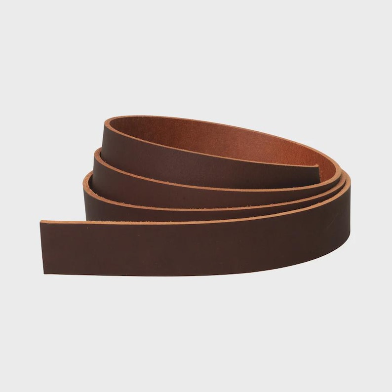 May include: A coiled strip of dark brown leather with a smooth, matte finish on the exterior and a lighter, natural tan underside. The leather strap is thick and uniform in width, showing a clean-cut edge and a flexible, durable appearance.