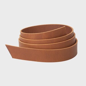 May include: A coiled strip of smooth, medium-brown leather with a matte finish. The material has a consistent tan color throughout, showing a clean, straight-cut edge on the outer layer and a visible texture on the surface of the leather strap.