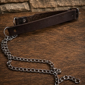 May include: A dark brown leather strap featuring a silver-toned metal buckle, a metal rivet, and a silver-toned metal D-ring attached to a long, silver-toned metal chain with interlocking links that extends downward from the leather band.