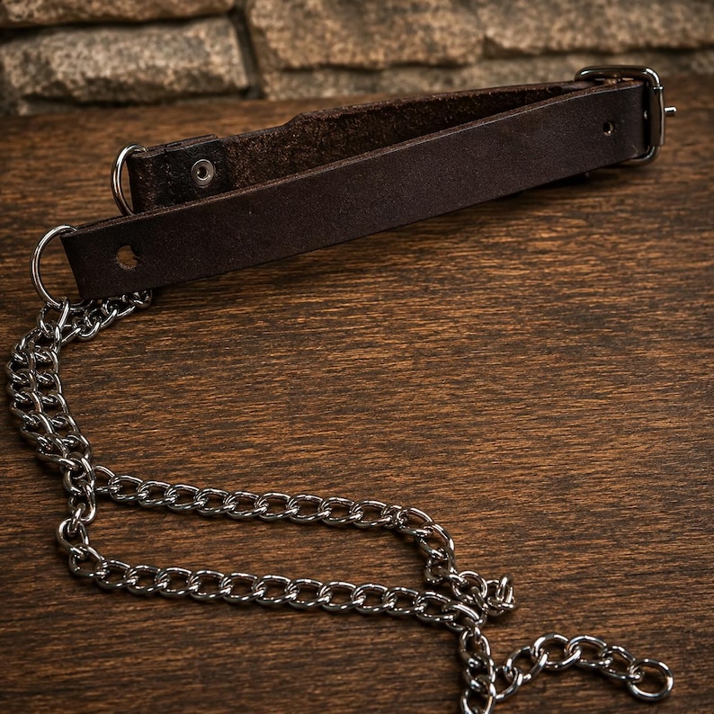 May include: A dark brown leather strap featuring a silver-toned metal buckle, a metal rivet, and a silver-toned metal D-ring attached to a long, silver-toned metal chain with interlocking links that extends downward from the leather band.
