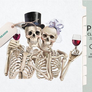 Clipart szkieletu pary | Clipart dekoracji Halloween | Clipart szkieletu panny młodej i pana młodego | Clipart gotycki | Upiorne wibracje Png | Zabawna rocznica Png