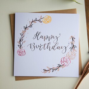 Happy Birthday Card | Autumnal Wreath Card | Fall Greetings Card | Autumn Floral Design | Handwritten Modern Calligraphy | Copper Card