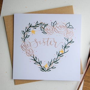 carte d'anniversaire de soeur | Calligraphie moderne manuscrite | Cartes dessinées à la main | carte d'anniversaire en or rose | Cartes sœurs spéciales | Cartes florales