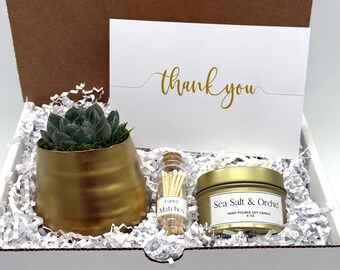 May include: A gift box containing a succulent in a gold pot, a small glass bottle of matches, and a gold-lidded candle labeled "Sea Salt & Orchid". A white card with "thank you" in gold script is also included.