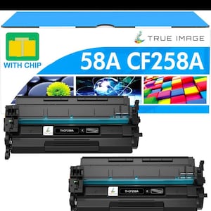 May include: Two black toner cartridges labeled 58A CF258A, with the text "WITH CHIP" and "TRUE IMAGE" on the packaging. The cartridges are for printers. The image also contains instructions.