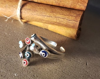 Sterling Silver Ring With Colourful Eyes- Eyes Ring- Adjustable Ring- Great Design- Handmade Hammered Ring