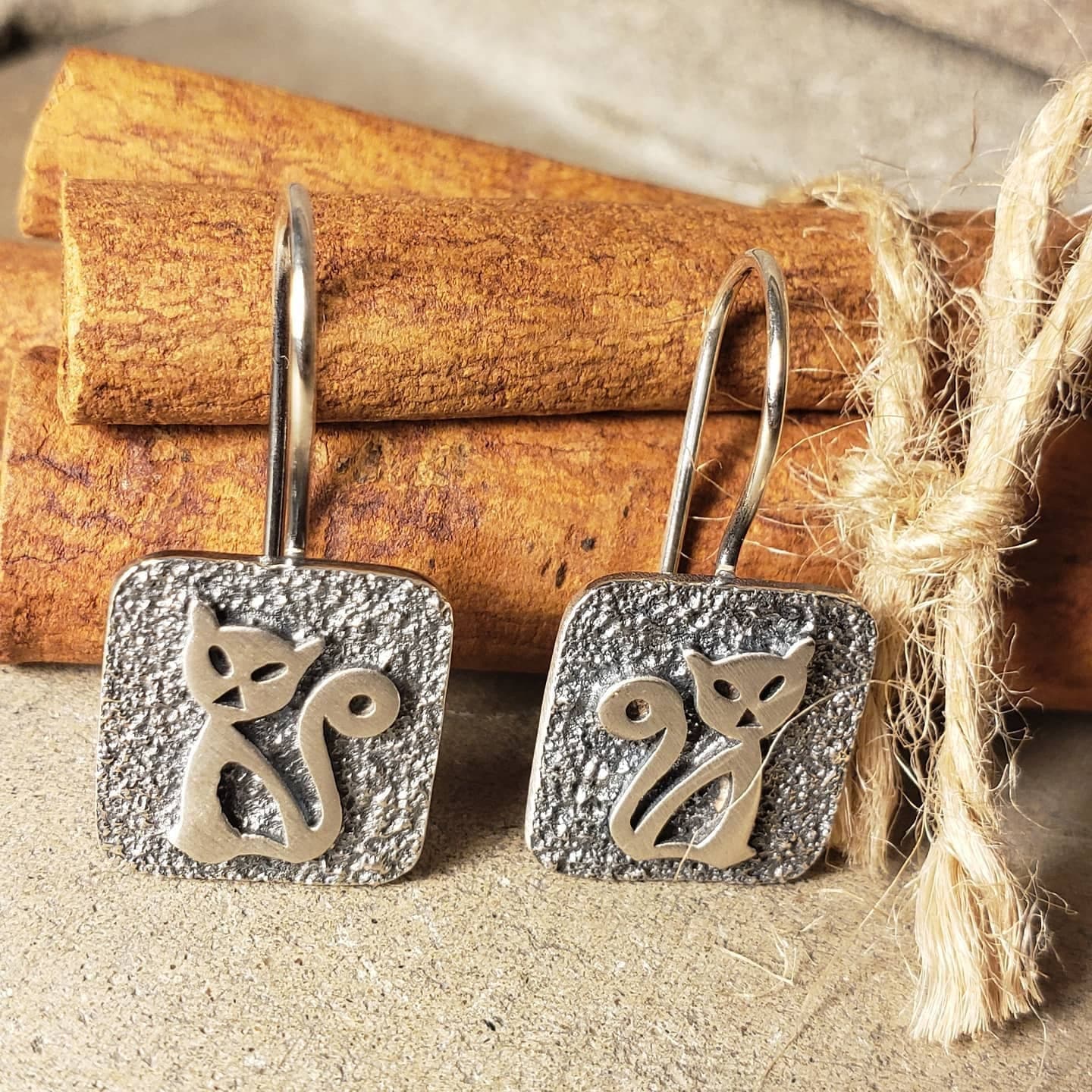 Cat Earrings- Silver Cat Design- Antique Look Sterling Silver Cat