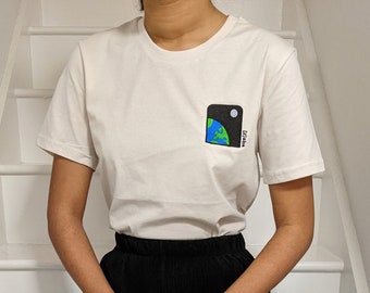 Embroidered Earth T-Shirt, Space T-Shirt, Embroidered T-Shirt, Eco-Friendly T-Shirt, Organic Cotton T-Shirt, Minimalist T-Shirt, Space Lover