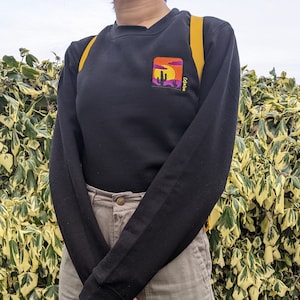 May include: Black long-sleeve sweatshirt with a colorful embroidered patch of a sunset and cactus with the text "Arizona" on it.