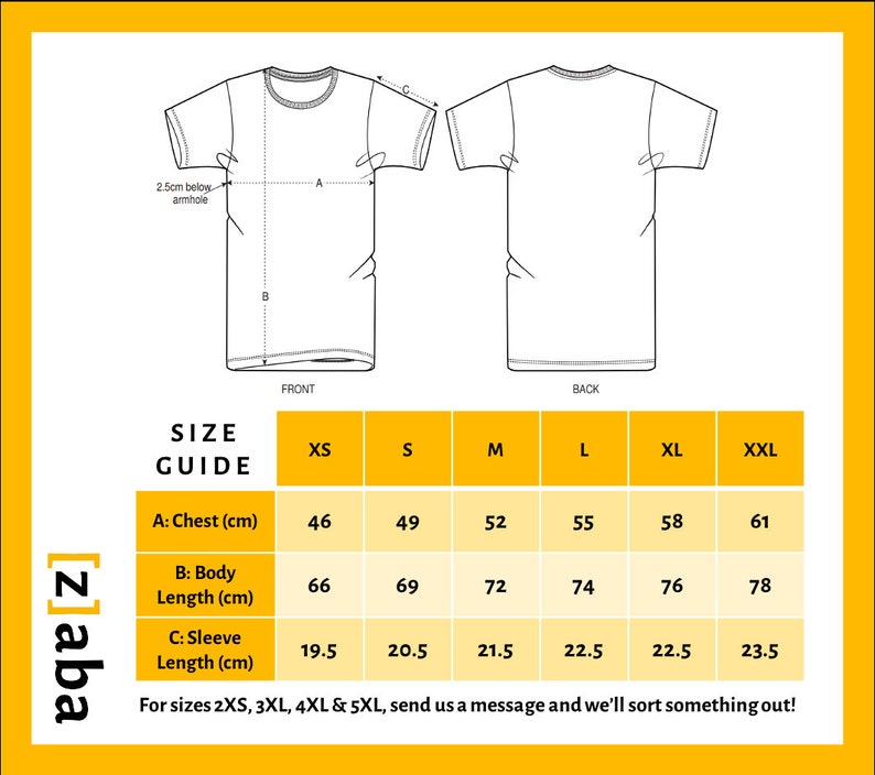 Puede incluir: Gu&iacute;a de tallas para camisetas con medidas en cent&iacute;metros para el pecho, la longitud del cuerpo y la longitud de la manga. Las tallas incluyen XS, S, M, L, XL y XXL.  Para las tallas 2XS, 3XL, 4XL & 5XL, env&iacute;anos un mensaje y encontraremos una soluci&oacute;n!