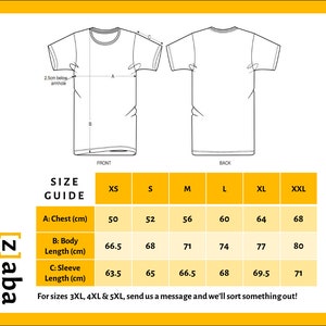 May include: Size guide for t-shirts with measurements in centimeters for chest, body length, and sleeve length. Sizes range from XS to XXL.