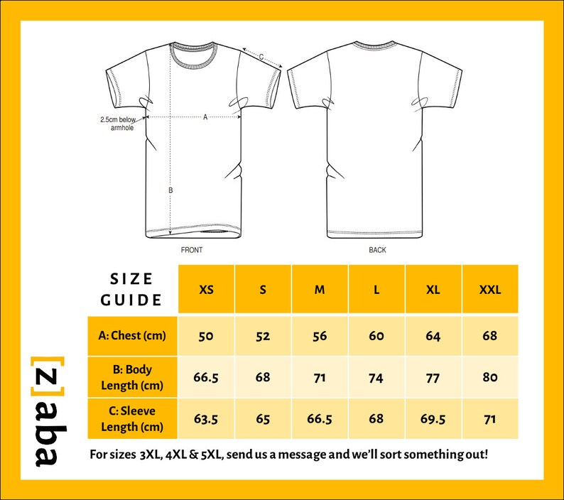 May include: Size guide for t-shirts with measurements in centimeters for chest, body length, and sleeve length. Sizes range from XS to XXL.