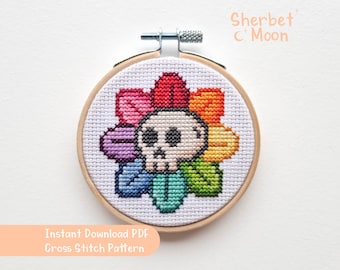 Rainbow Flower Skull Cross Stitch Pattern (Downloadable PDF)
