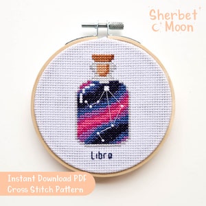 Patrón de punto de cruz de Libra, patrón de punto de cruz de Libra PDF descargable, gráfico de punto de cruz de galaxia en una botella, punto de cruz de signo de estrella