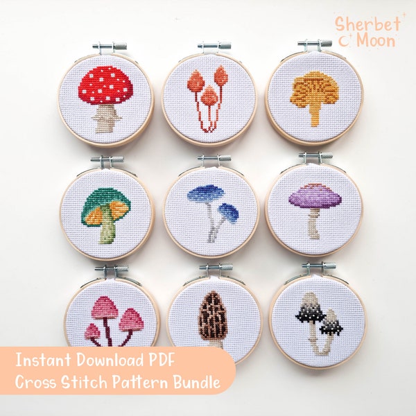 Mushroom Cross Stitch Pattern Bundle, Downloadable PDF Cross Stitch Pattern, Toadstool Cross Stitch Pattern, Rainbow Mushroom Cross Stitch