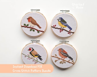 Small Garden Birds Cross Stitch Pattern Bundle, Downloadable PDF Cross Stitch Pattern, Bird Cross Stitch Pattern, Robin Cross Stitch Pattern