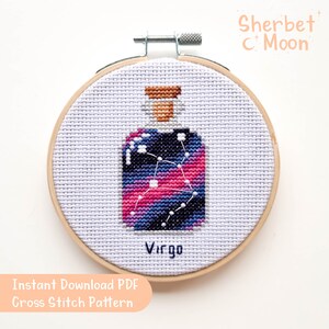 Patrón de punto de cruz de Virgo, patrón de punto de cruz de Virgo PDF descargable, gráfico de punto de cruz de galaxia en una botella, punto de cruz de signo de estrella