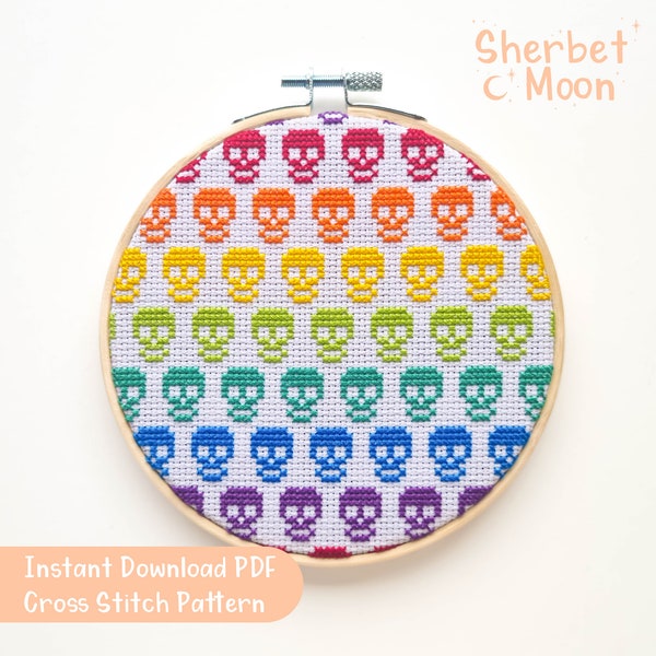 Rainbow Skulls Cross Stitch Pattern, Downloadable PDF Skull Cross Stitch Pattern, Rainbow Cross Stitch Pattern, Skulls Cross Stitch Chart