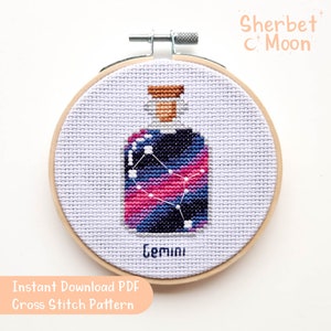 Patrón de punto de cruz de Géminis, patrón de punto de cruz de Géminis en PDF descargable, gráfico de punto de cruz de galaxia en una botella, punto de cruz de signo de estrella