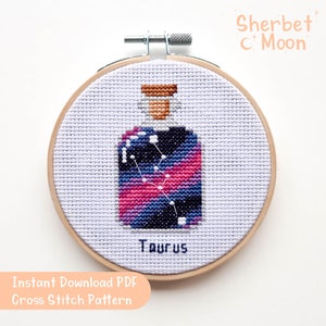 Patrón de punto de cruz de Tauro, PDF descargable Patrón de punto de cruz de Tauro, Gráfico de punto de cruz de galaxia en una botella, Punto de cruz de signo de estrella