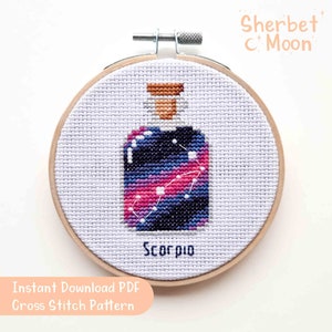 Patrón de punto de cruz de Escorpio, PDF descargable Patrón de punto de cruz de Escorpio, Patrón de punto de cruz de galaxia en una botella, Gráfico de punto de cruz de estrellas