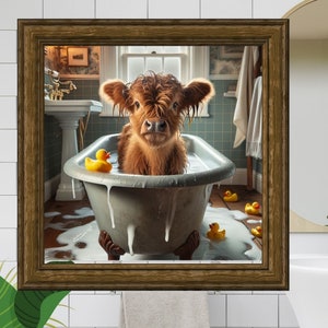 Highland cow home bathroom picture taking a bath digital artwork cow picture farm house decor digital image download