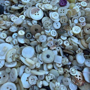 May include: A large collection of assorted buttons in various shades of white, cream, and beige, featuring different sizes, shapes, and hole counts. The pile includes round, square, and textured designs made from plastic, shell, and wood materials.