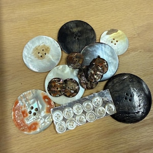 May include: A collection of assorted buttons including several large circular mother-of-pearl buttons in white, brown, and black, alongside a rectangular strip containing twelve small, white, four-hole circular buttons arranged in two rows.