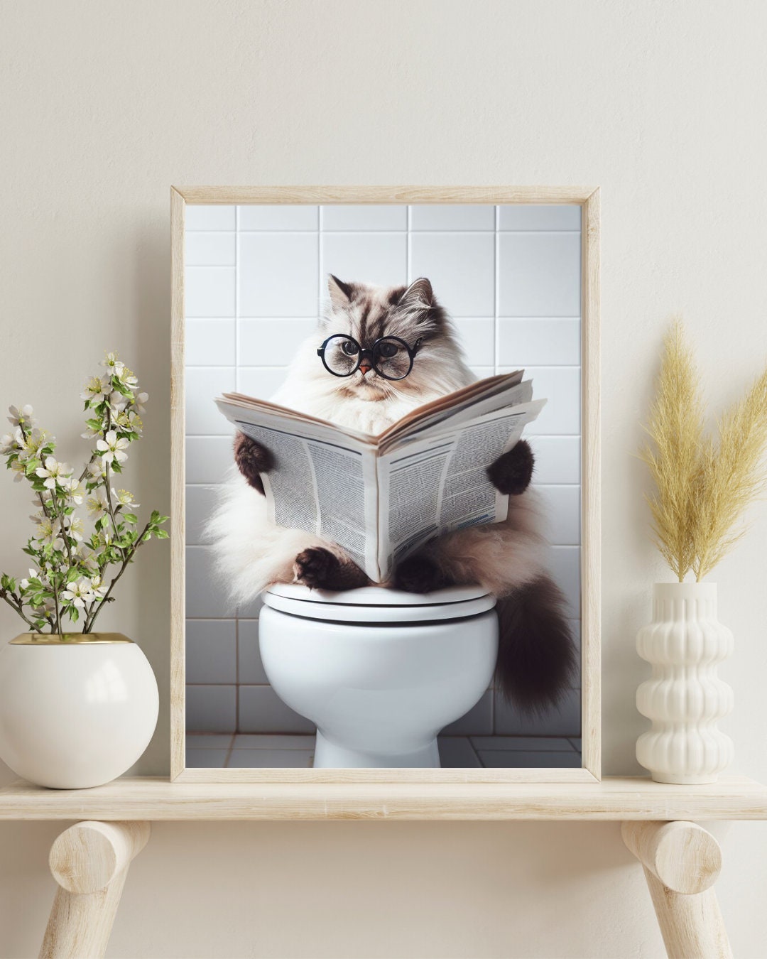 Cat Sitting on the Toilet Reading a Newspaper, Funny Bathroom Wall ...