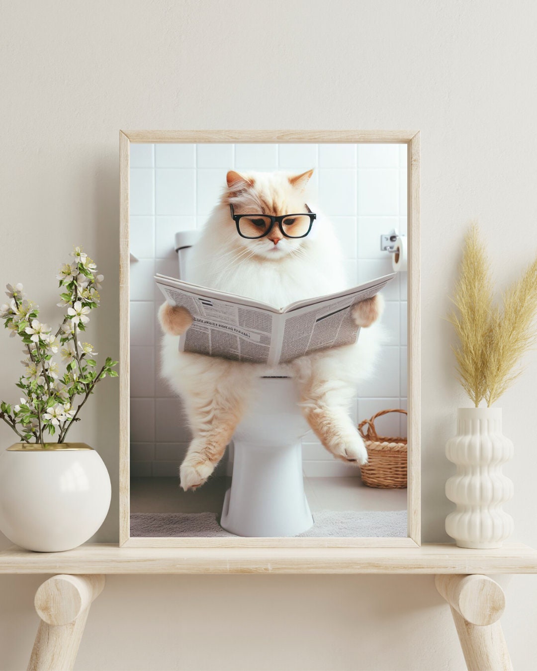 Cat on the Toilet Reading a Newspaper, Funny Bathroom Wall Decor, Funny ...