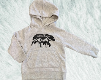 Kid’s Hoodie - Toddler Sweatshirt - Adventure Bear - Grey Pullover - Hiking Camping Backpacking Design