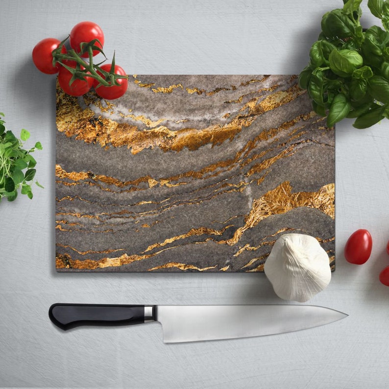Personalized Glass Cutting Board Glass chopping board Abstract Golden Marble Glass Cutting board Kitchen Decor
