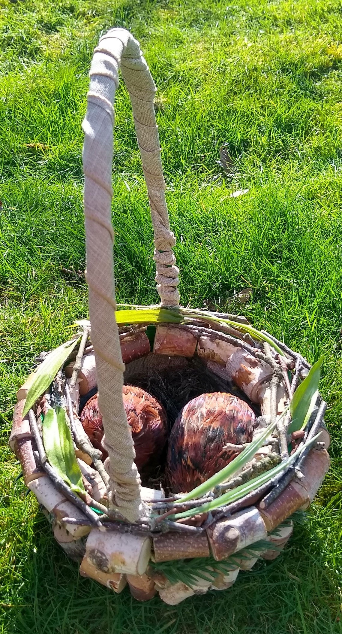 Rustic birch bird nest basket with feathered eggs Etsy